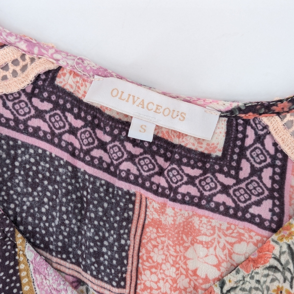 Olivaceous Patchwork Cottagecore Crop V-Neck Flou… - image 3